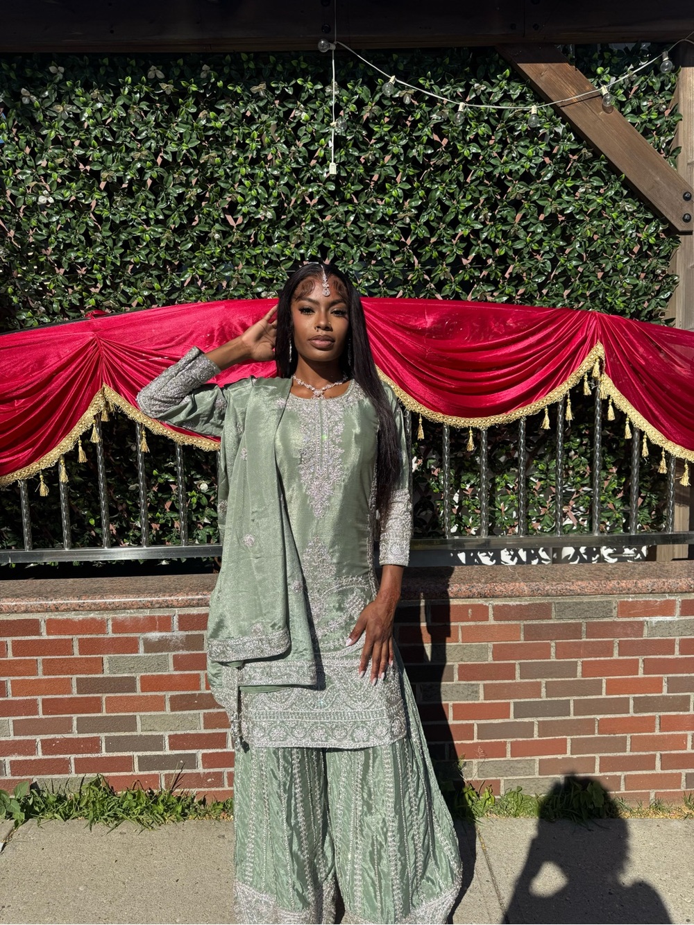 Sage Green Embroidered 3-Piece Ethnic Outfit